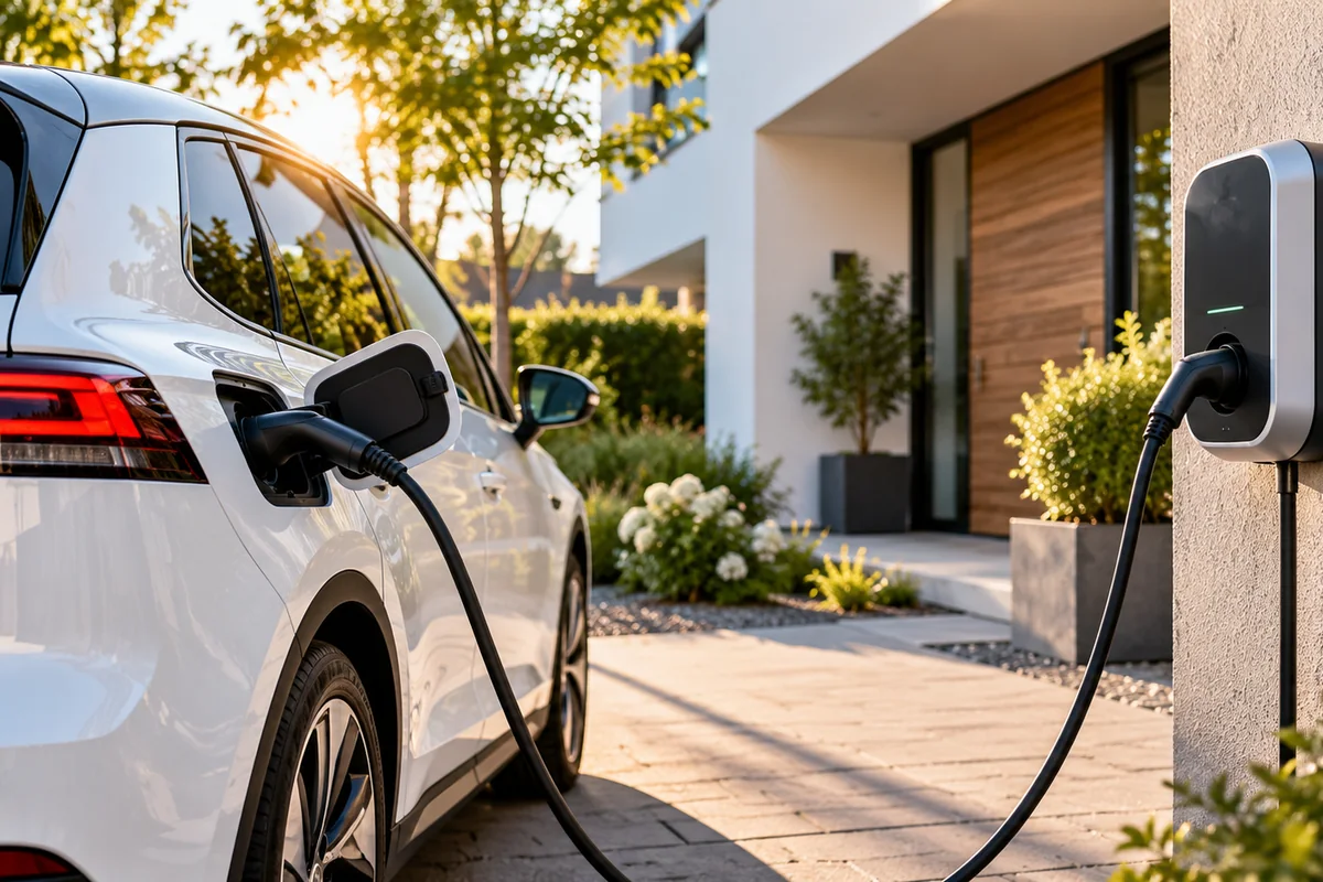 Weißes Elektroauto lädt mit angeschlossenem Ladekabel an einer Wallbox vor modernem Haus