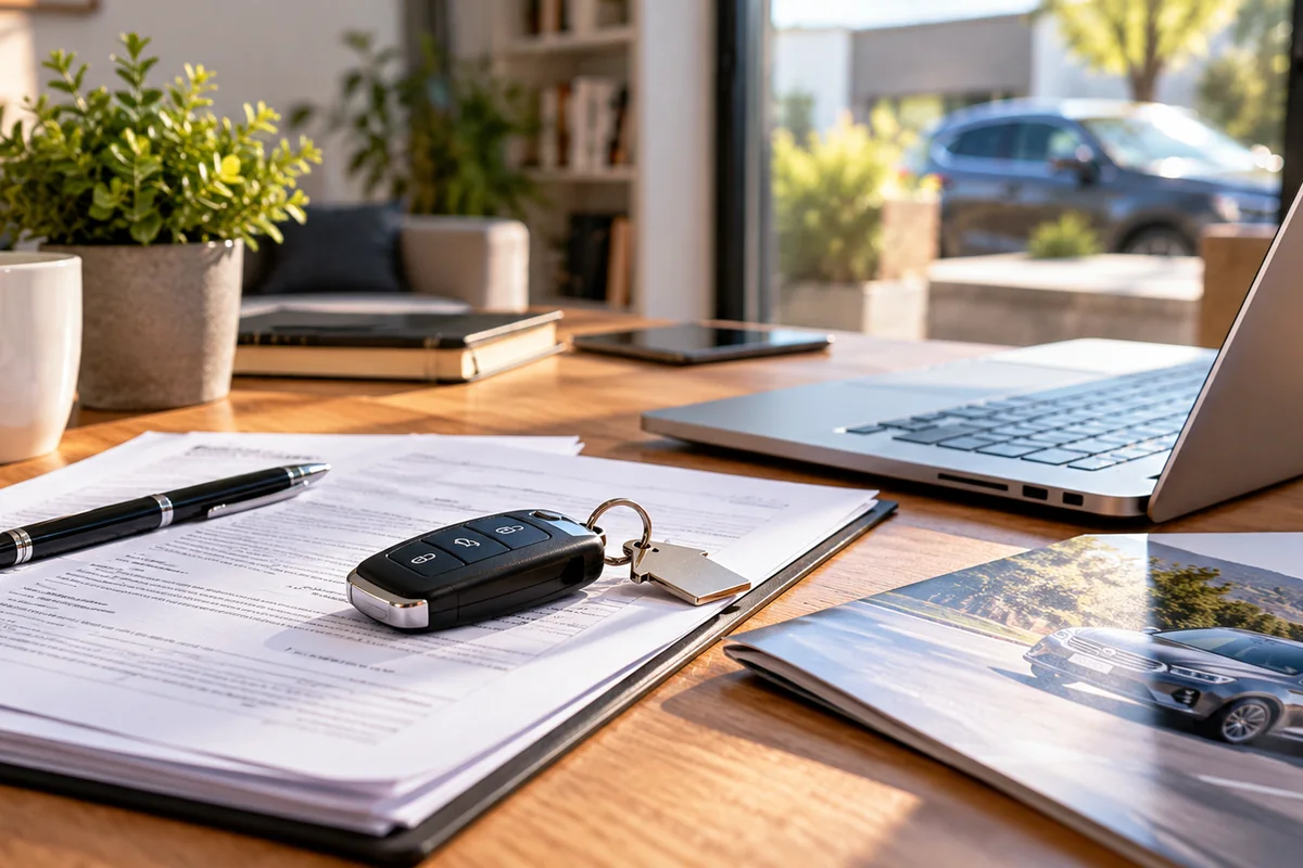 Autoschlüssel liegt auf Versicherungsunterlagen neben Laptop am Schreibtisch